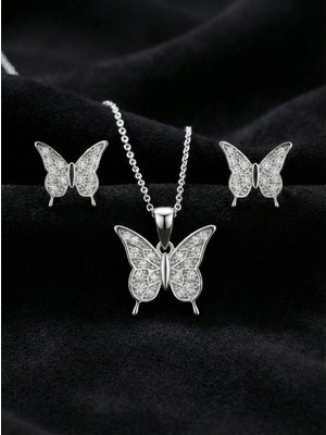 Erdobia 925 Ayar Gümüş Rodyum Kaplama Zirkon Taşlı Minimal Kelebek Kolye-Küpe 2'li Set