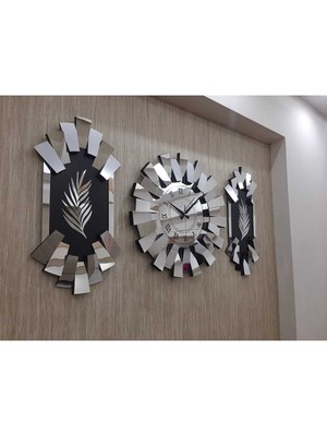 PremiumPort 3’lü Duvar Saati Palmiye Detaylı Roma Rakam Gümüş Aynalı 3 Boyutlu Piyano Model