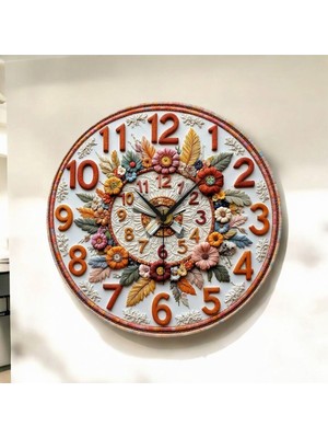 PremiumPort Renkli Çiçek Kabartmalı Ahşap Duvar Saati, Hediyelik ve Şık Tasarım