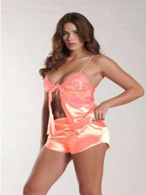 MyDora Lingerie Somon Önü Yırtmaçlı Dantel Büstiyerli Ipeksi Saten Şortlu Takım