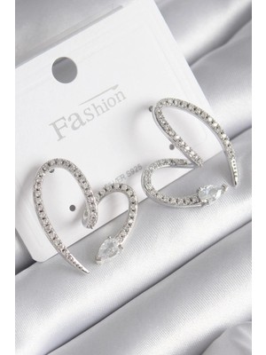 Eco Lounge Pirinç Gümüş Renk Zirkon Taşlı Yılan Kalp Model Kadın Küpe