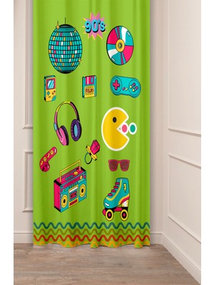 Greendecor 90'lar Kulaklık Disk Radyo Disko Desenli Özel Tasarım Dijital Baskılı (Tek Kanat) Modern Fon Perde