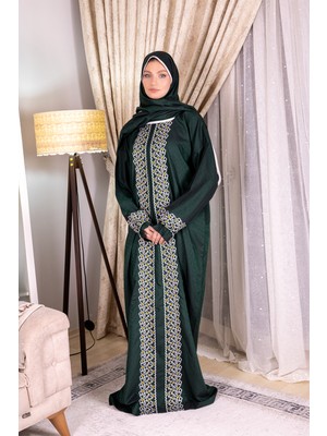 Tulteks Fermuarlı Tek Parça Geometrik Nakışlı Viskon Namaz Elbisesi - Ramazan, Hac ve Umre Elbisesi
