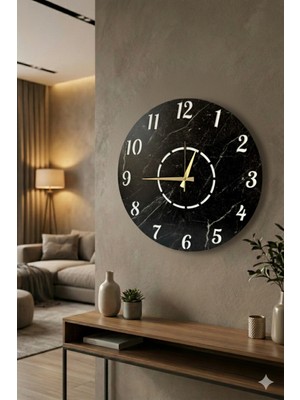 PremiumPort Modern Siyah Mermer Desenli Büyük Duvar Saati 50CM