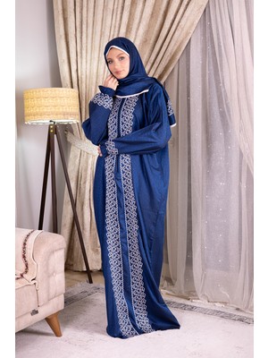 Tulteks Fermuarlı Tek Parça Geometrik Nakışlı Viskon Namaz Elbisesi - Ramazan, Hac ve Umre Elbisesi