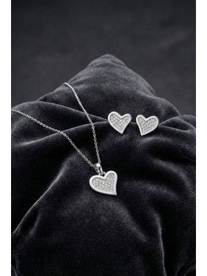 Erdobia 925 Ayar Gümüş Rodyum Kaplama Zirkon Taşlı Minimal Asimetrik Kalpli Kolye-Küpe 2'li Set