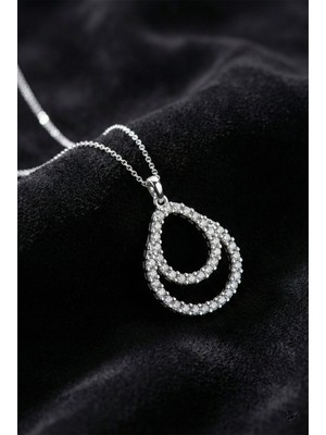 Erdobia 925 Ayar Gümüş Rodyum Kaplama Zirkon Taşlı Çift Katmanlı Damla Kolye