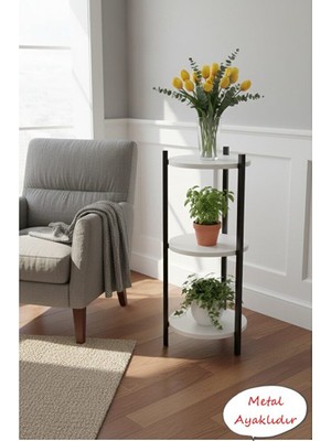 RetoDesign 3 Raflı Beyaz Yuvarlak Çiçelik Raf, Çok Amaçlı Raf 2305