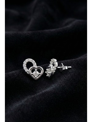 Erdobia 925 Ayar Gümüş Rodyum Kaplama Zirkon Taşlı Minimal Tektaş Kalp Çivili Küpe