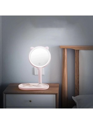 Eco Lounge Kedi Kulaklı Telefon Standlı Yuvarlak Dokunmatik LED Ayarlı Masa Üstü Makyaj Aynası