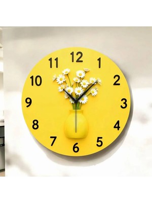 PremiumPort Renkli Papatya Temalı Ahşap Duvar Saati ve Sayılı Saksı Çiçek Seti