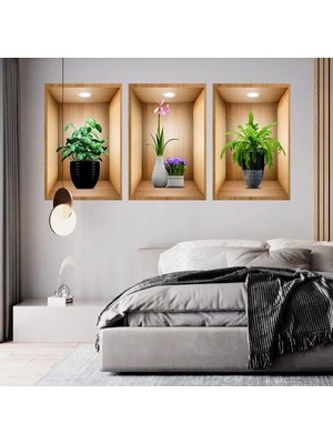 Eco Lounge 3D Çiçek Vazo Duvar Sticker 3 Lü Set Kahverengi Fon
