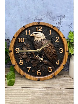 PremiumPort Modern Yuvarlak Ahşap Duvar Saati, Kuvars Hareketli, 2d Kartal Deseni