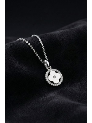 Erdobia 925 Ayar Gümüş Rodyum Kaplama Zirkon Taşlı Anturaj Yuvarlak Yonca Kolye