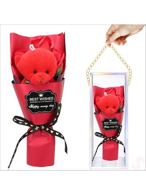 Süsle Bebek ve Parti Pvc Kutulu,pelüş Ayıcıklı Yapay Güllü Mini Çiçek Buketi 26CMX8,5CM