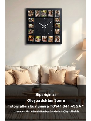 PremiumPort Kişiye Özel 16 Fotoğraftan Kare Ahşap Duvar Saati