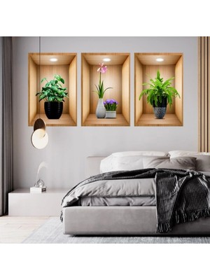 3D Çiçek Vazo Duvar Sticker 3 Lü Set Kahverengi Fon (4887)