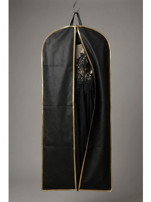 Siyah Renk Gold Şeritli Çift Kulplu Nonwoven Abiye Elbise Kılıfı 3’lü Set – 160X60 Cm, Kalın Diş Fermuarlı