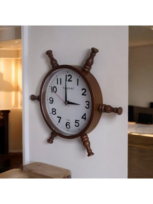 PremiumPort Nostaljik Eskitme Ahşap Gemi Dümen Duvar Saati, 35 Cm, Şık Tasarım