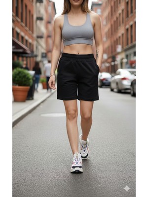 BKY Siyah Yüksek Bel Penye Şort