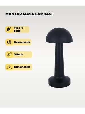 AC Aydınlatma Siyah Mantar Masa Lambası - Dokunmatik - 3 Renk Işık