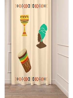 Greendecor Etnik Afrika Antika Desenli Bohem Özel Tasarım Dijital Baskılı (Tek Kanat) Modern Şık Bej Fon Perde