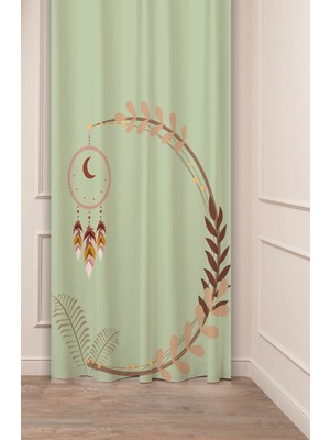 Greendecor Çiçek Ay Halka Yaprak Yeşil Bohem Deseneli Özel Tasarım Dijital Baskılı (Tek Kanat) Modern Fon Perde