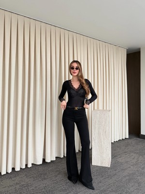 Laluvia Siyah Ispanyol Paça Pantolon - 1404