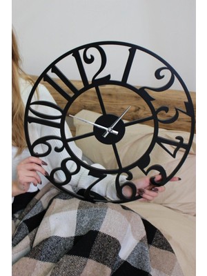 PremiumPort Siyah Ahşap Dekoratif Sayılı Duvar Saati 50CM, Şık ve Modern Tasarım