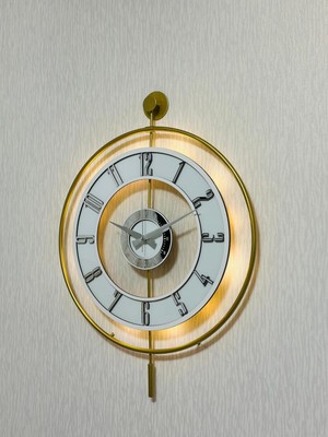 PremiumPort Şeffaf Camlı Metal Duvar Saati, 50X70 Cm, Işıklı, Gümüş ve Beyaz Tonlarda