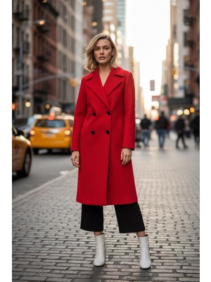 Luniva Atelier Collection Kadın Kaşe Kaban Diz Boyu-Astarlı Düğmeli