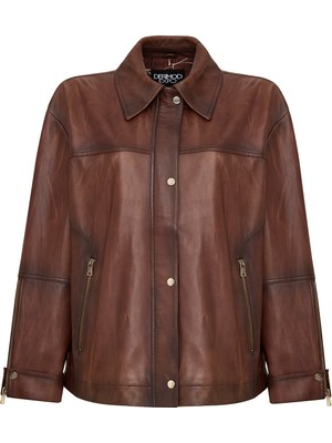 Derimod Britney Kadın Kahverengi Gömlek Yaka Oversize Deri Mont 25WGE5629NC