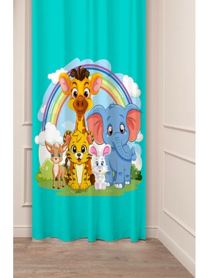 Greendecor Zürafa Fil Tavşan Özel Tasarım Desenli Dijital Baskılı (Tek Kanat) Çocuk Odası Modern Fon Perde