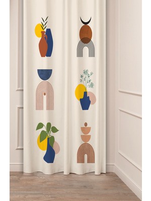 Greendecor Bohem Vazo Çiçek Yaprak Güneş Desenli Özel Tasarım Dijital Baskılı (Tek Kanat) Modern Şık Fon Perde