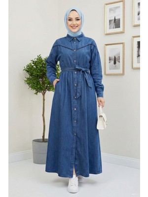 Kadın Düğmeli Kuşaklı Koyu Kot Mavi Tesettür Elbise