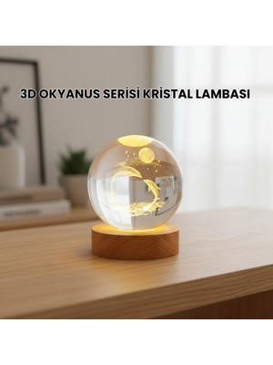 Senson 3D Yunus Desenli Kristal Küre Ahşap Tabanlı Işıklı Dekor Objesi - Lisinya