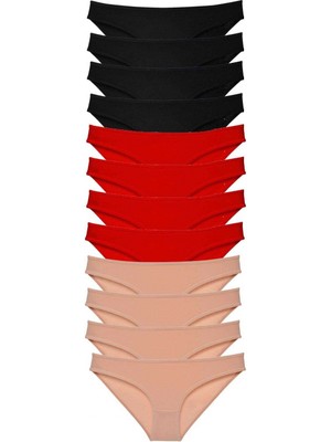 MiraLive 12 Adet Süper Eko Set Likralı Kadın Slip Külot Siyah Kırmızı Ten