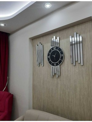 PremiumPort Şık 3'lü Gümüş Lambiri Detaylı Duvar Saati Seti, Aynalı Pleksi Tasarım