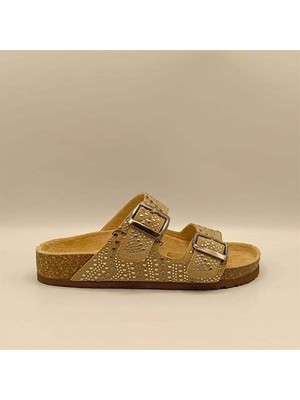 Ametist Aidan Bej Deri Mantar Taban Ortopedik Terlik