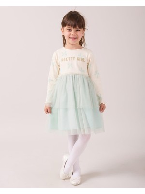 Magu Kız Çocuk Pamuklu Ekru Yazı Baskılı Tül Etekli Sweatshirt Elbise