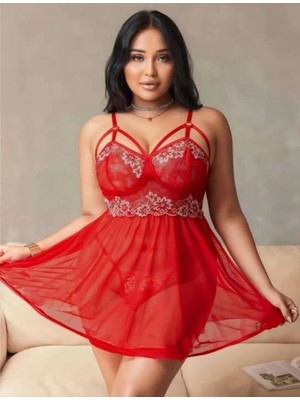 MiraLive Büyük Beden Kırmızı Dantel Işlemeli Tül Gecelik