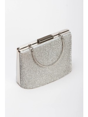 MFT Ayakkabı Kadın Taşlı Abiye Portföy Clutch Zincir Askılı Çanta Gümüş