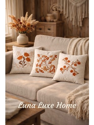 Luna Luxe Home Modern Cottage Serisi Çiçek ve Dal Desen Punch Nakış Dekoratif 3'lü Kırlent Kılıfı Seti (Sıcak Tarçın & Sütlü Kahve)