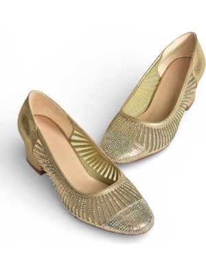 Fox Shoes Y820854514 Altın Sim Kalın Topuklu Kadın Ayakkabı
