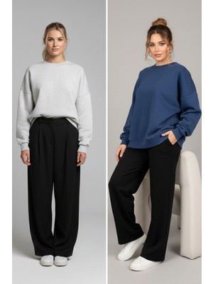 Softandbasic Kadın Geniş Kalıp Bisiklet Yaka Basic Düz 2'li Sweatshirt