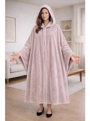 Alpin Pembe Kapüşonlu Peluş Panço - Unisex Premium Panço