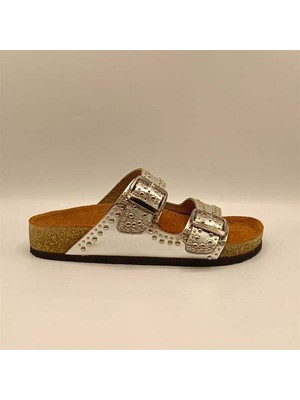 Ametist Perla Gümüş Deri Mantar Taban Ortopedik Terlik