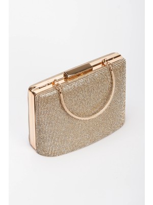 MFT Ayakkabı Kadın Taşlı Abiye Portföy Clutch Zincir Askılı Çanta Gold