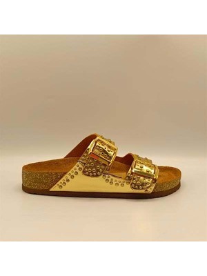 Ametist Perla Altın Deri Mantar Taban Ortopedik Terlik