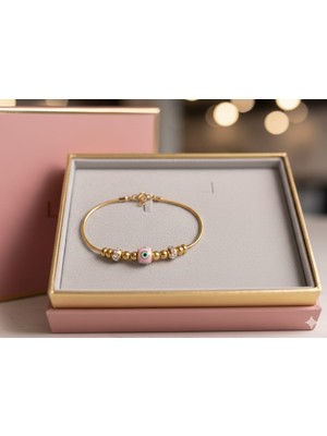 Glimz Jewelry Yağmur Bijuteri Pembe Nazar Boncuklu Gold Yılan Zincirli Bileklik